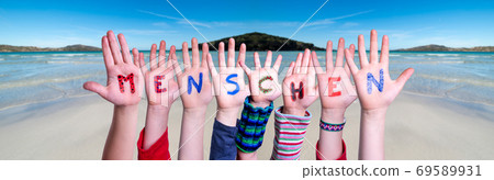 Children Hands Building Word Menschen Means Human, Ocean Background 69589931