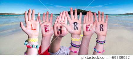 Children Hands Building Word Lehrer Means Teacher, Ocean Background 69589932