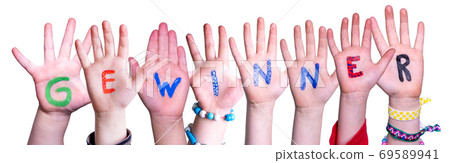 Children Hands Building Word Gewinner Means Winner, Isolated Background 69589941