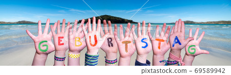 Children Hands Building Word Geburtstag Means Birthday, Ocean Background 69589942