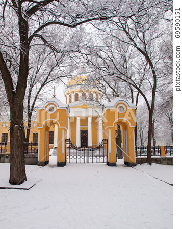 Front view of orthodox church Transfiguration Cathedral in Dnipro city, Ukraine Front view of orthodox church Transfiguration Cathedral in Dnipro city, Ukraine 69590151