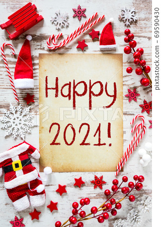 Bright Christmas Flat Lay, English Text Happy 2021 Bright Christmas Flat Lay, English Text Happy 2021 69590430