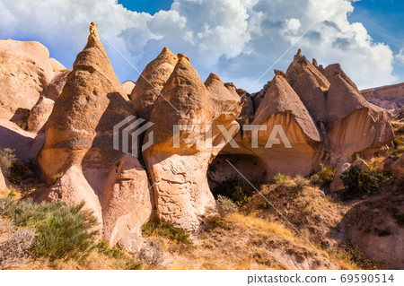 Rocky landscape in Cappadocia at sunset, Turkey. 69590514