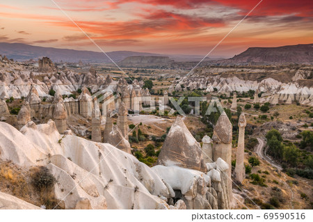 Rocky landscape in Cappadocia at sunset, Turkey. 69590516