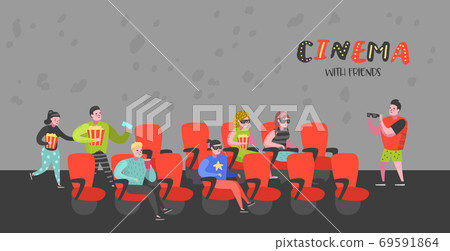 Cartoon People with Popcorn Watching Movie 69591864