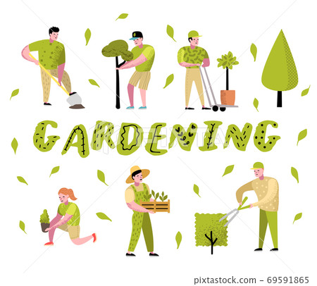 Gardening Cartoons Characters with Plants and Tree Gardening Cartoons Characters with Plants and Tree 69591865