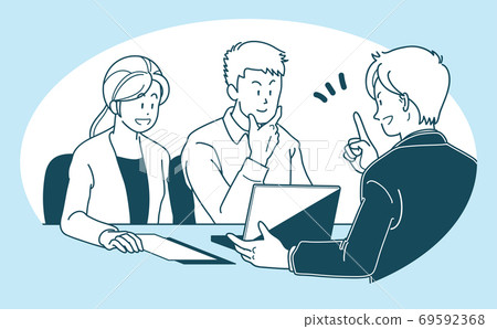 一對年輕夫婦和有一個商人談生意的插圖 69592368