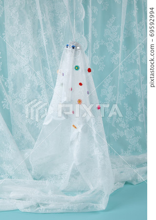 ghost in lace curtain with flowers blue ghost in lace curtain with flowers blue 69592994
