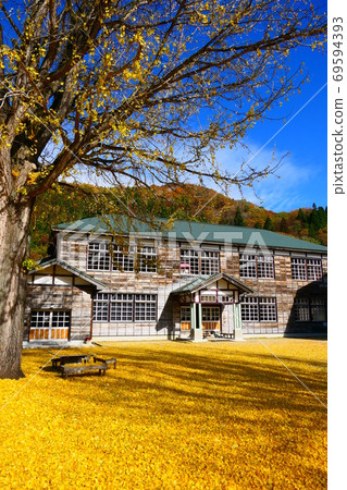 A mountain village elementary school colored by ginkgo. Kuimaru, Showa, Fukushima, Japan. Early November. A mountain village elementary school colored by ginkgo. Kuimaru, Showa, Fukushima, Japan. Early November. 69594393