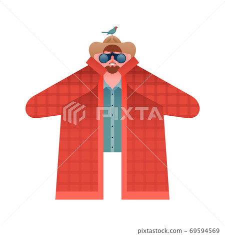 Happy man birdwatching with binoculars and bird Happy man birdwatching with binoculars and bird 69594569
