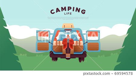 Camping template of woman in forest home van Camping template of woman in forest home van 69594578
