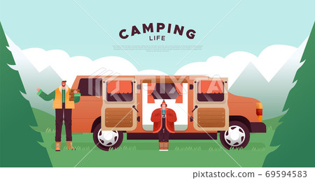 Camping lifestyle template couple in home van 69594583