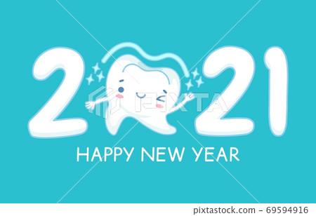 New year teeth. Happy holiday 2021 year banner with funny healthy white tooth, childrens dentistry, oral hygiene care dental vector concept New year teeth. Happy holiday 2021 year banner with funny healthy white tooth, childrens dentistry, oral hygiene care dental vector concept 69594916