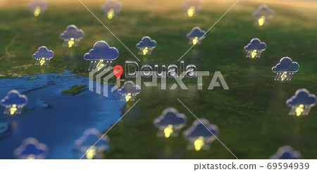 Stormy weather icons near Douala city on the map, weather forecast related 3D rendering Stormy weather icons near Douala city on the map, weather forecast related 3D rendering 69594939