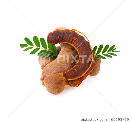 Fresh tamarind fruits with leaves on white background 69595759