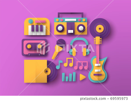 Colorful music instrument paper cut icon set 69595973