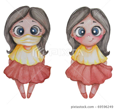 COVID pandemic concept. two pretty girls in a red skirt - with and without a mask. Prohibition and permission to enter - without a mask and in a mask. Watercolors and colored pencils. Hand drawing. COVID pandemic concept. two pretty girls in a red skirt - with and without a mask. Prohibition and permission to enter - without a mask and in a mask. Watercolors and colored pencils. Hand drawing. 69596249