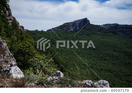 The picturesque landscape of mountains covered by green forest 69597179