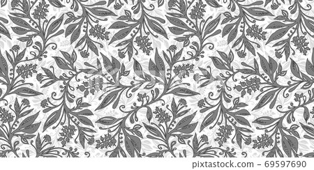 Floral seamless pattern with leaves and berries in grayscale. Hand drawing. Floral seamless pattern with leaves and berries in grayscale. Hand drawing. 69597690