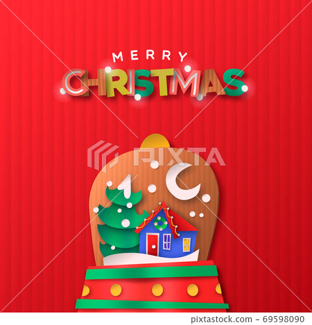 Merry Christmas paper cut snow globe house cartoon 69598090