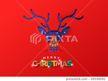 Merry Christmas paper cut deer winter house card - Stock Illustration ...
