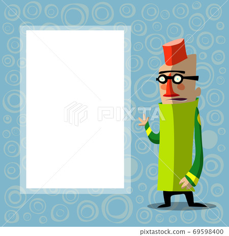 character with glasses and fez in front of poster for text character with glasses and fez in front of poster for text 69598400