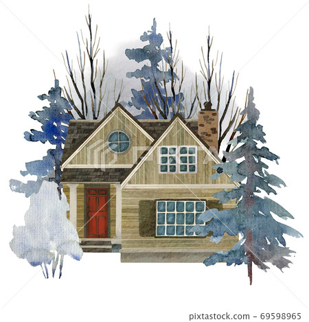 Watercolor portrait of house in the winter trees Watercolor portrait of house in the winter trees 69598965
