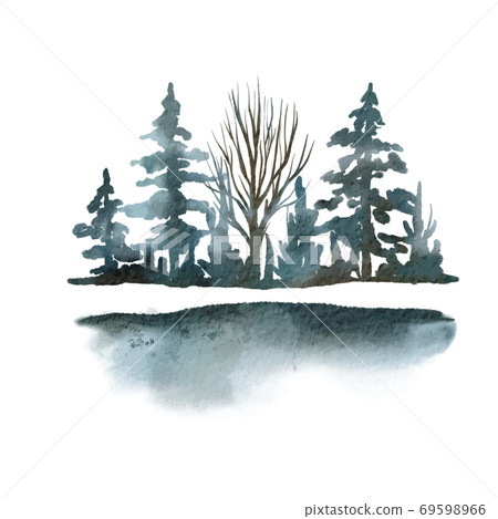 Snowy trees and shrubs, winter scene elements, bluish winter forest 69598966