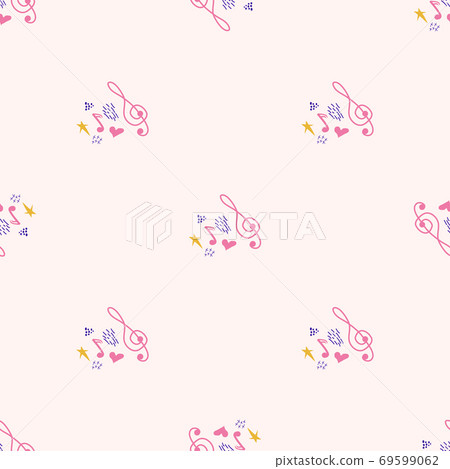 Cartoon cute doodles hand drawn Musical seamless pattern. Colorful detailed. Bright colors backdrop with music symbols and items Cartoon cute doodles hand drawn Musical seamless pattern. Colorful detailed. Bright colors backdrop with music symbols and items 69599062