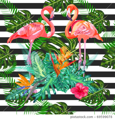 pink flamingos hibiscus, monstera, banana leaf Tropic summer seamless pattern. black white striped background. 69599078