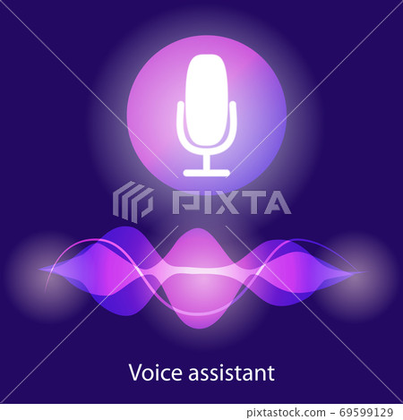Personal assistant and voice recognition concept flat illustration of sound symbol intelligent technologies. Microphone button with bright voice and sound imitation lines. 69599129