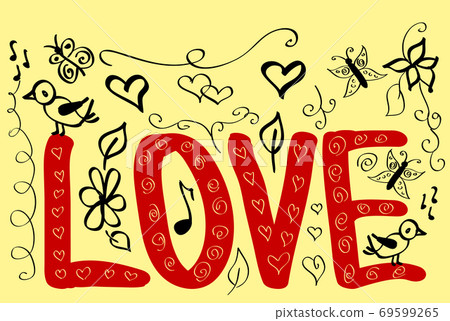 Hand drawn black lettering print. Love and elements 69599265