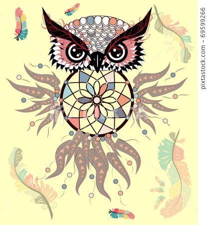 Hand drawn ornate spiritual symbols, totemic and mascot Owl with the dream catcher and mandala. Boho style Hand drawn ornate spiritual symbols, totemic and mascot Owl with the dream catcher and mandala. Boho style 69599266