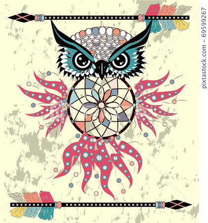 Patterned owl on the grunge background. African indian totem tattoo design. 69599267