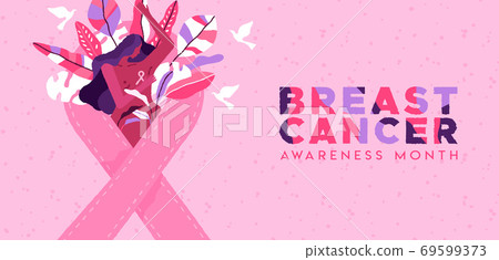 Breast cancer month tropical leaf woman banner Breast cancer month tropical leaf woman banner 69599373