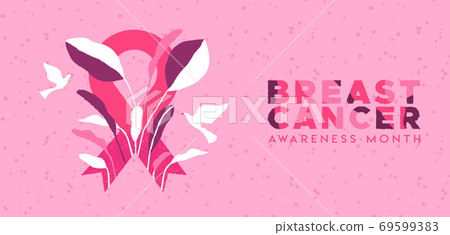 Breast cancer month banner tropical leaf ribbon 69599383