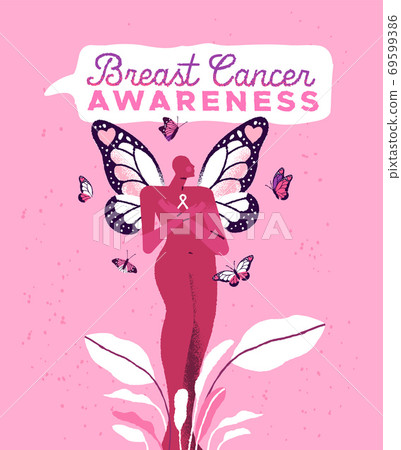 Breast cancer month pink butterfly woman card 69599386