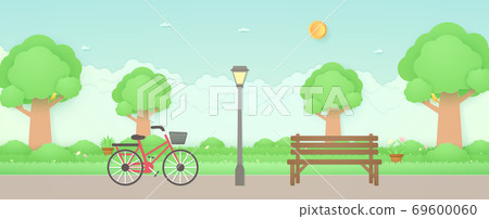Spring Time, bicycle in the garden with wooden bench and street light, bird on trees, plant pots and flowers on grass, sun and cloudscape, paper art style Spring Time, bicycle in the garden with wooden bench and street light, bird on trees, plant pots and flowers on grass, sun and cloudscape, paper art style 69600060
