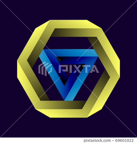 Penrose triangle and hexagon or Penrose tribar, or the impossible tribar with gradient on black background. Impossible objects or impossible figures 69601022