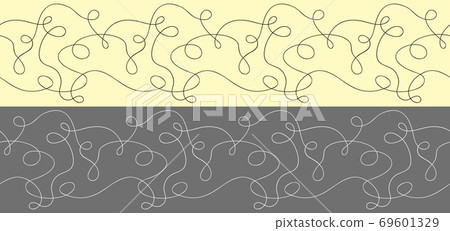 Two options for a seamless border with a thin sinuous line. Smooth line, curls. Border for fabric, packaging design. White thin line on a gray background and black on yellow Two options for a seamless border with a thin sinuous line. Smooth line, curls. Border for fabric, packaging design. White thin line on a gray background and black on yellow 69601329