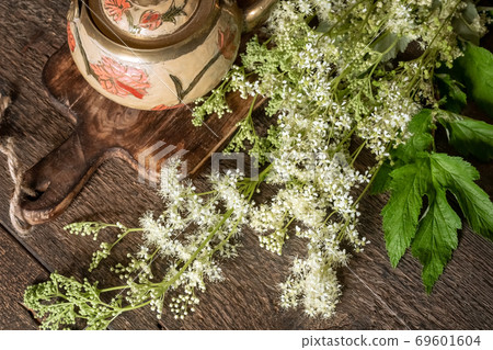 Blooming meadowsweet twigs with a teapot, top view 69601604