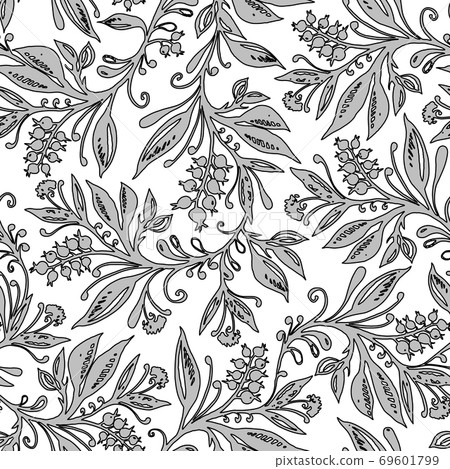 Floral seamless pattern with leaves and berries in grayscale. Hand drawing. 69601799