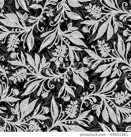 Floral seamless pattern with leaves and berries in black, white and gray. Hand drawing. 69601801