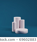 Pillars, cylinders for marketing show, display product. Pink pedestal on blue background, minimalistic studio stage. Realistic 3d vector illustration. 69602883
