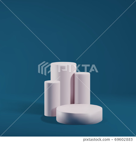 Pillars, cylinders for marketing show, display product. Pink pedestal on blue background, minimalistic studio stage. Realistic 3d vector illustration. 69602883