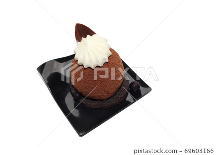 Chocolate sphere cake dessert on biscuit base with chocolate ganache and white chocolate leaf decoration Chocolate sphere cake dessert on biscuit base with chocolate ganache and white chocolate leaf decoration 69603166