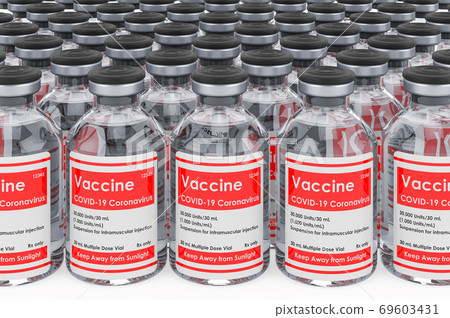 Bottles coronavirus vaccine COVID-19. Many ampoules with ncov-2019 vaccine, backdrop. 3D rendering Bottles coronavirus vaccine COVID-19. Many ampoules with ncov-2019 vaccine, backdrop. 3D rendering 69603431