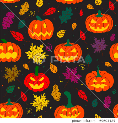 Halloween pumpkin pattern with autumn leaves Halloween pumpkin pattern with autumn leaves 69603485