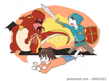 玩智能手機遊戲的RPG系統的女孩 玩智能手機遊戲的RPG系統的女孩 69603822