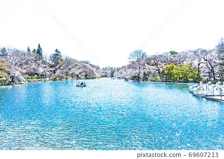 櫻花盛開，池塘里有船[彩色鉛筆] 69607213